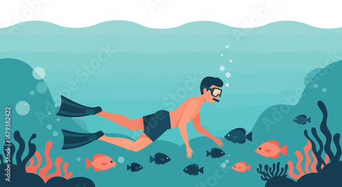 Underwater Explorer Swimming With Fish In the Deep Ocean, Enjoying the Marine Life Illustration