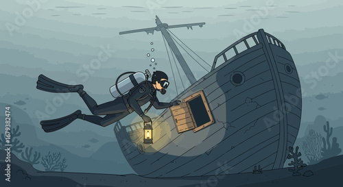 Underwater Explorer, Shipwreck Discovery, Animated Oceanic Illustration in Deep Sea