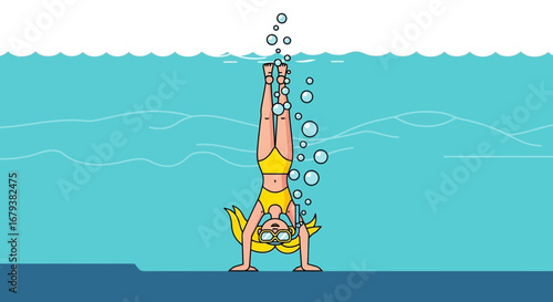 Underwater Handstand: Playful Illustration of a Woman Reaching Freedom in the Sea