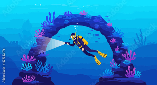 Underwater Explorer Uses Dive Light To Discover A Marine Life Cave, Exploring the deep