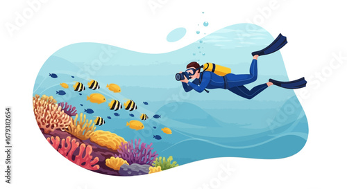 Underwater Photographer Capturing Coral Reef and Fish in the Ocean Environment