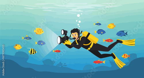 Underwater Photographer Capturing Colorful Fish in Their Natural Habitat with Camera