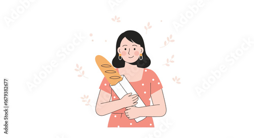 Woman Embraces Freshly Baked Baguette in a Charming, Gentle Illustration