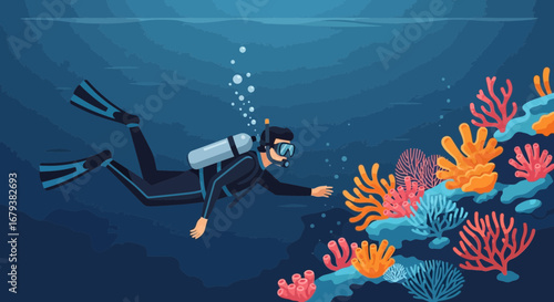 Underwater Scuba Diver Exploring a Coral Reef with Marine Life in the Deep Ocean