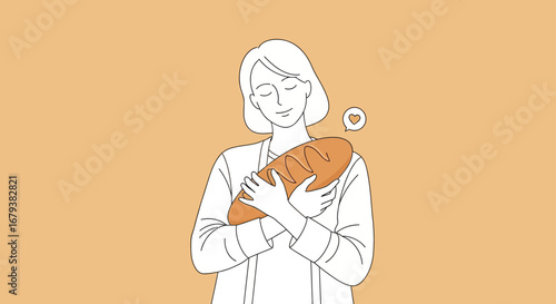 Woman Embracing Loaf Of Bread With Love And Affection In Simple Illustration