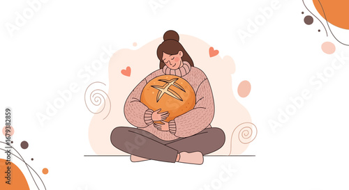 Woman Embracing Loaf Of Bread, Depicting Affection, Peace, And Warmth In A Simplified Style
