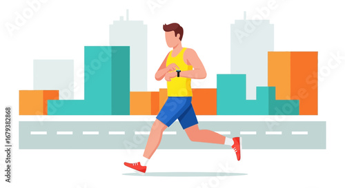 Urban Runner Checking Smartwatch During Morning Exercise In Front Of Cityscape