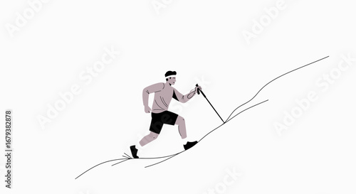 Uphill Hike Illustration Depicting Activity With Trekking Poles On Abstract Terrain