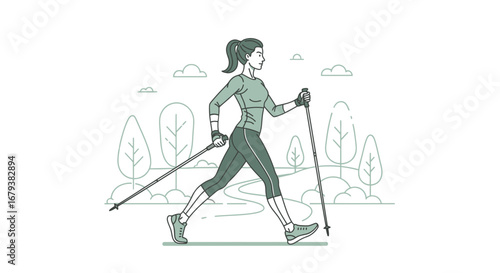 Woman Engaging in Nordic Walking Illustration: Perfect for Fitness and Wellness Visuals