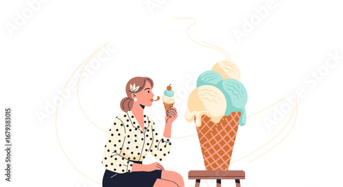 Woman Enjoying A Delicious Ice Cream Cone On A Sunny Day, Smiling And Relaxing