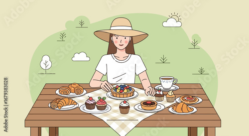 Woman Enjoying A Delicious Outdoor Brunch With Fresh Baked Breakfast Pastries