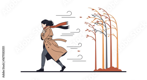 Vector illustration of a person in a coat walking in strong wind and trees