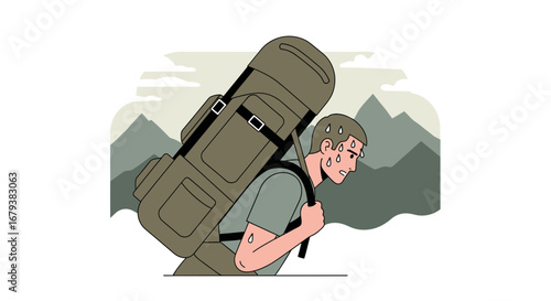 Vector illustration of a person struggling with a large heavy backpack during hiking