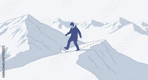 Vector illustration of a person walking across a mountain ridge in the winter