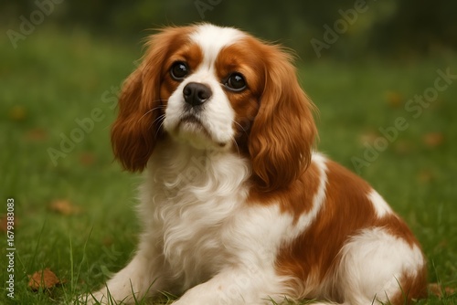 Cavalier King Charles Spaniel Lying on Grass with Chestnut and White Coat in Outdoor Park Setting