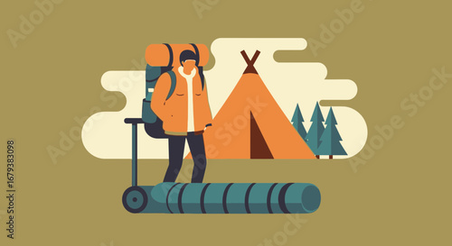 Vector illustration of a person with backpack hiking to a camping site