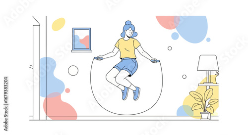 Vector illustration of a woman jumping rope at home in a minimalist style