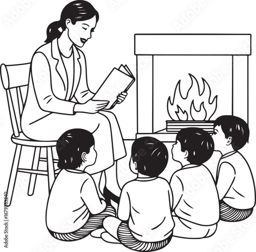 Teacher reading children storybook fireplace cozy winter classroom illustration