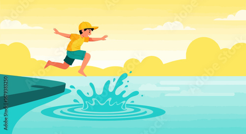 Vector illustration of a young boy jumping into the water with splashes and waves