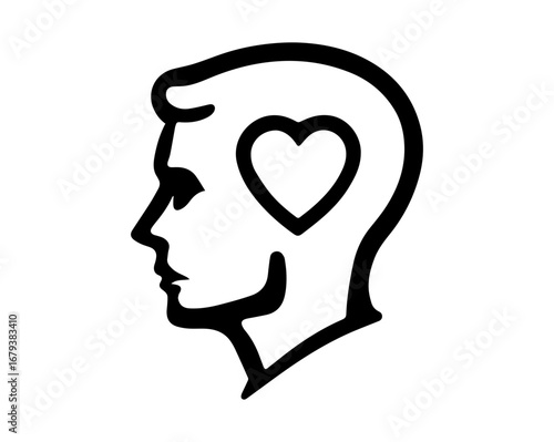 Stylized profile silhouette of a human head with a heart shape inside the mind symbolizing love emotion and mental well-being