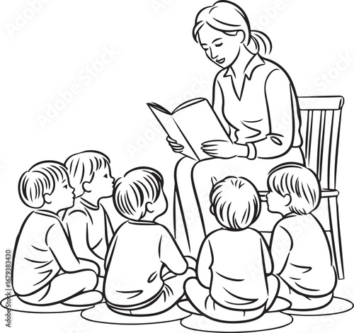 Teacher reading book children story time preschool kids illustration black white line art