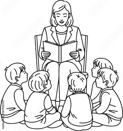 Teacher reading book children classroom storytime illustration line art simple