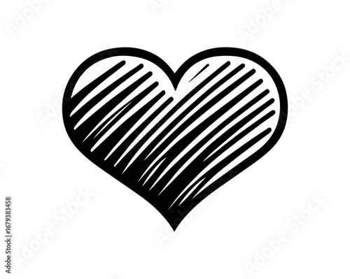 Bold black sketched heart symbol with diagonal hatching pattern inside, conveying love and emotion