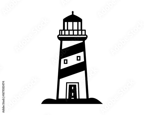 Iconic black and white lighthouse with striped tower and lantern room stands tall on a coastal base