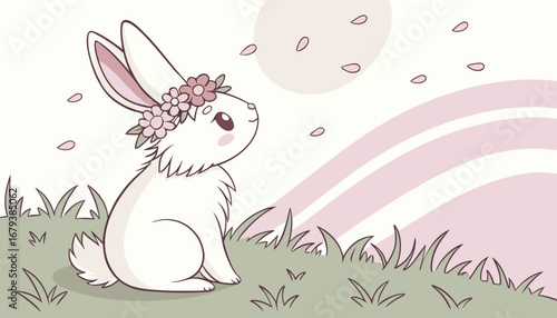 "A white fluffy bunny with a flower crown, sitting on green grass, soft sunlight, dreamy pastel background, high-quality stock photography style, ultra-cute."