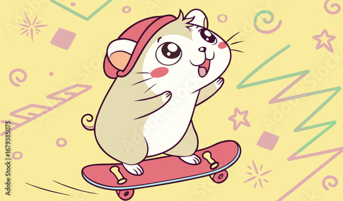 A small hamster standing on top of a miniature skateboard, mid-action, colorful background, funny and playful, ultra-detailed, studio photography style."