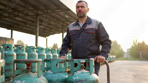 Blue Uniformed Worker Pushing Cart Full of Green Gas Cylinders in an Industrial Setting Under Clear Sky
