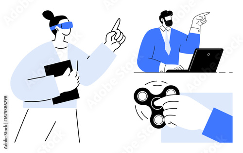Woman using virtual reality headset, man working on laptop, hand spinning fidget spinner. Ideal for teamwork, innovation, digital transformation, focus, productivity, decision-making creative