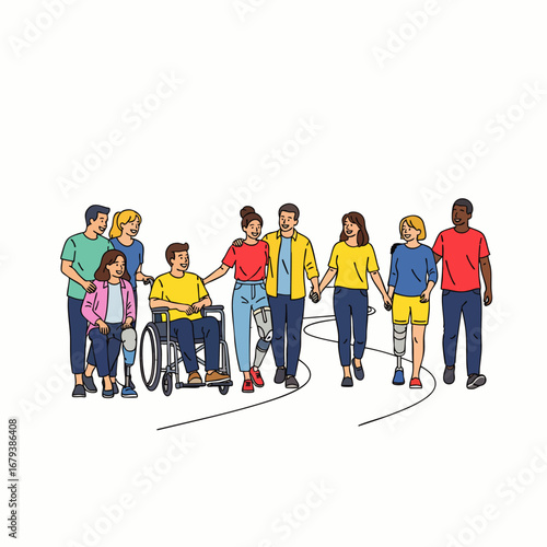 A diverse group of people, including individuals with disabilities, walk together hand-in-hand, symbolizing unity, support, and an inclusive community.