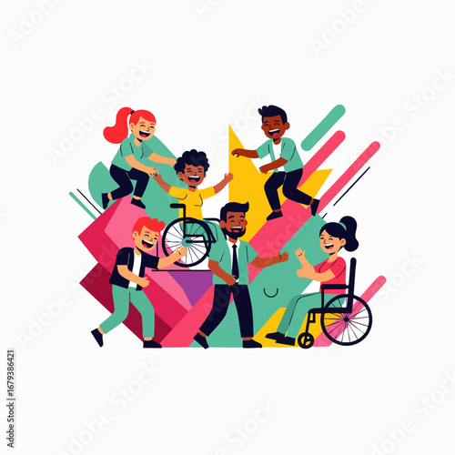 This colorful illustration beautifully captures a joyful and diverse group of people, embracing inclusion and celebrating unity within their supportive community.