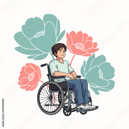 A cheerful young person with a disability is shown happily seated in a wheelchair, surrounded by soft, stylized flowers, representing joy and inclusivity.