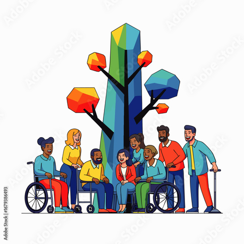 A vibrant illustration showcases a diverse, inclusive community with varying abilities, united happily around a colorful, symbolic tree representing growth and support.
