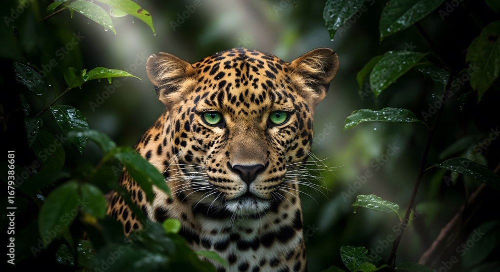 Naklejka premium Majestic leopard with glowing green eyes peering through jungle leaves wildlife predator feline spots nature jungle