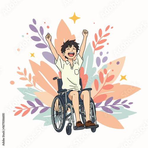 A joyful young person in a wheelchair celebrates personal achievement and freedom, surrounded by vibrant, abstract botanical elements symbolizing growth and happiness.