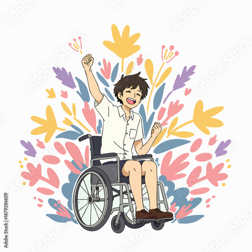 A joyful young person in a wheelchair celebrates with a triumphant gesture, surrounded by colorful, stylized flowers, embodying happiness, inclusivity, and personal strength.