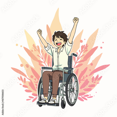 A joyful young man in a wheelchair celebrates a personal victory with arms raised high, surrounded by warm, blossoming foliage.
