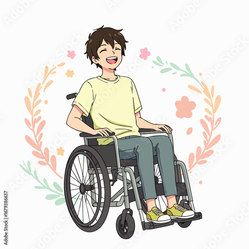A cheerful young man with a disability happily sits in his wheelchair, surrounded by a delicate floral wreath, symbolizing joy and inclusion.