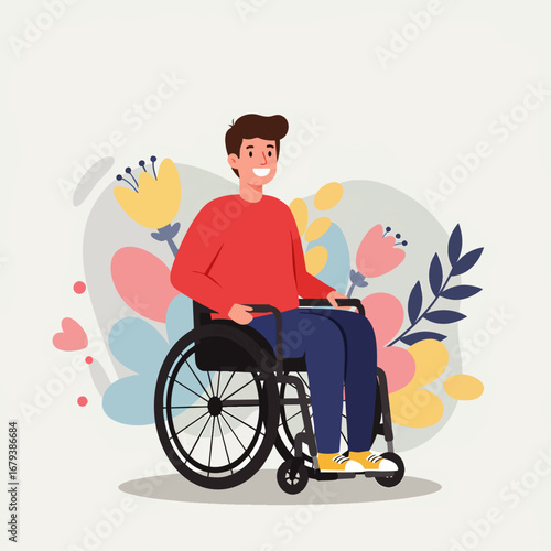 A cheerful young man with a disability confidently navigates his wheelchair amidst a vibrant, abstract floral background, symbolizing inclusion and modern accessibility.