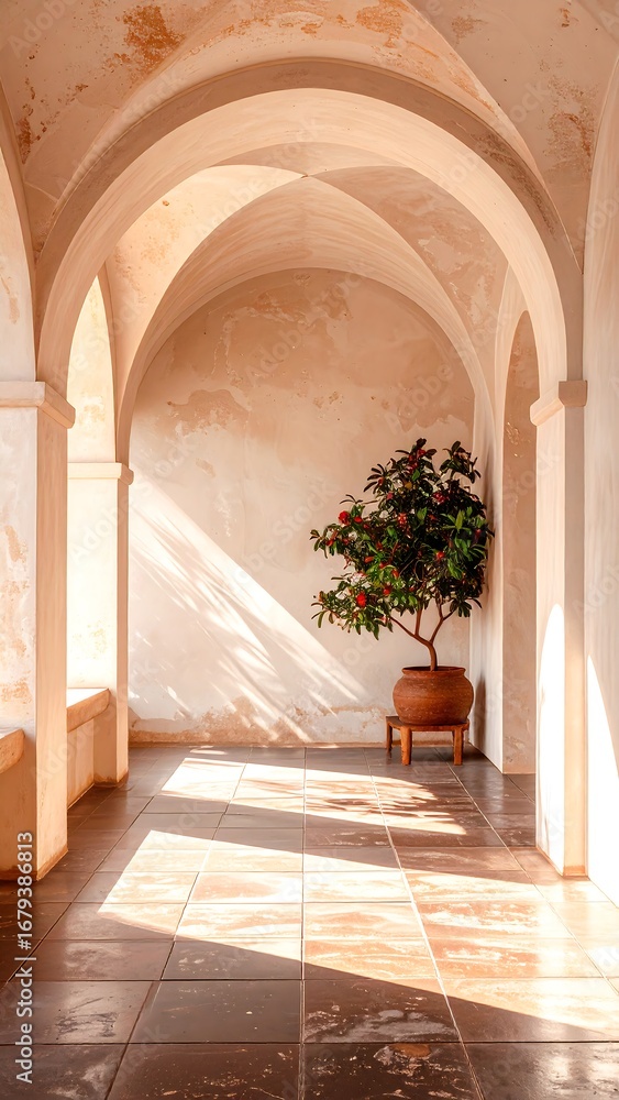 Fototapeta premium A sun-drenched interior courtyard with arched passageways, showcasing a terracotta planter with a small tree and soft, warm light filtering through.