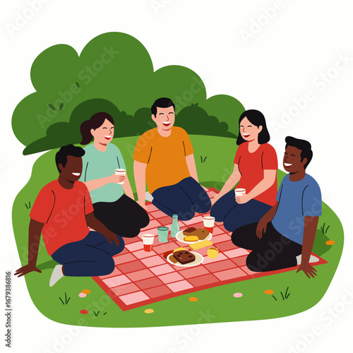Diverse group of friends enjoying a delightful outdoor picnic in a lush green park, sharing food, drinks, and joyful conversation on a sunny day.