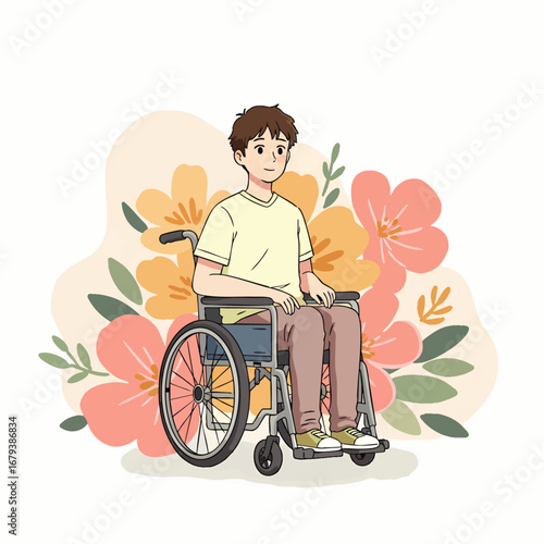 A thoughtful young man with a disability sits calmly in his wheelchair, surrounded by blooming pastel flowers, embodying peace, resilience, and quiet strength.