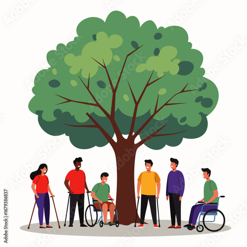 A diverse group of individuals with varying physical disabilities stands together under a large, leafy tree, symbolizing community support and inclusion.