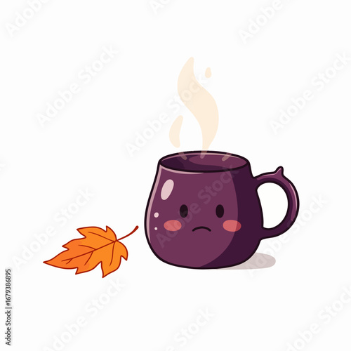A charming purple cartoon mug with a sad expression sits beside a vibrant orange autumn leaf, emitting comforting steam, perfect for cozy fall vibes.