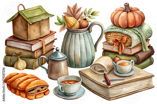 Vintage still life of a healthy breakfast with coffee, books, and autumn vegetables in a basket on a table Cottagecore cozy illustrations