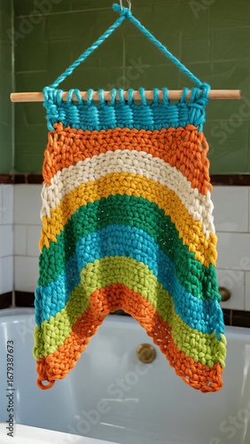 Colorful Crocheted Hanging Towel Displayed in a Bathroom