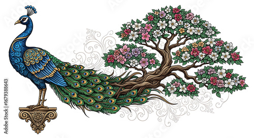 Detailed Ornamental Peacock Perched on a Floral Tree Artistic Illustration